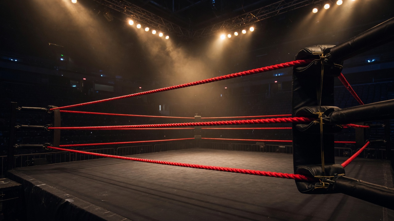 Lit boxing ring under arena lights
